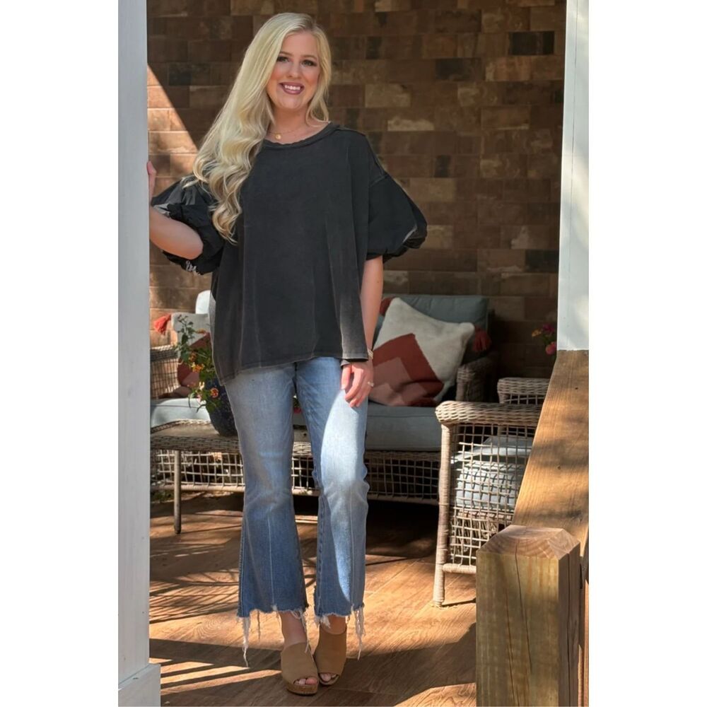 Blue Velvet Puff Sleeve Top Black Size S